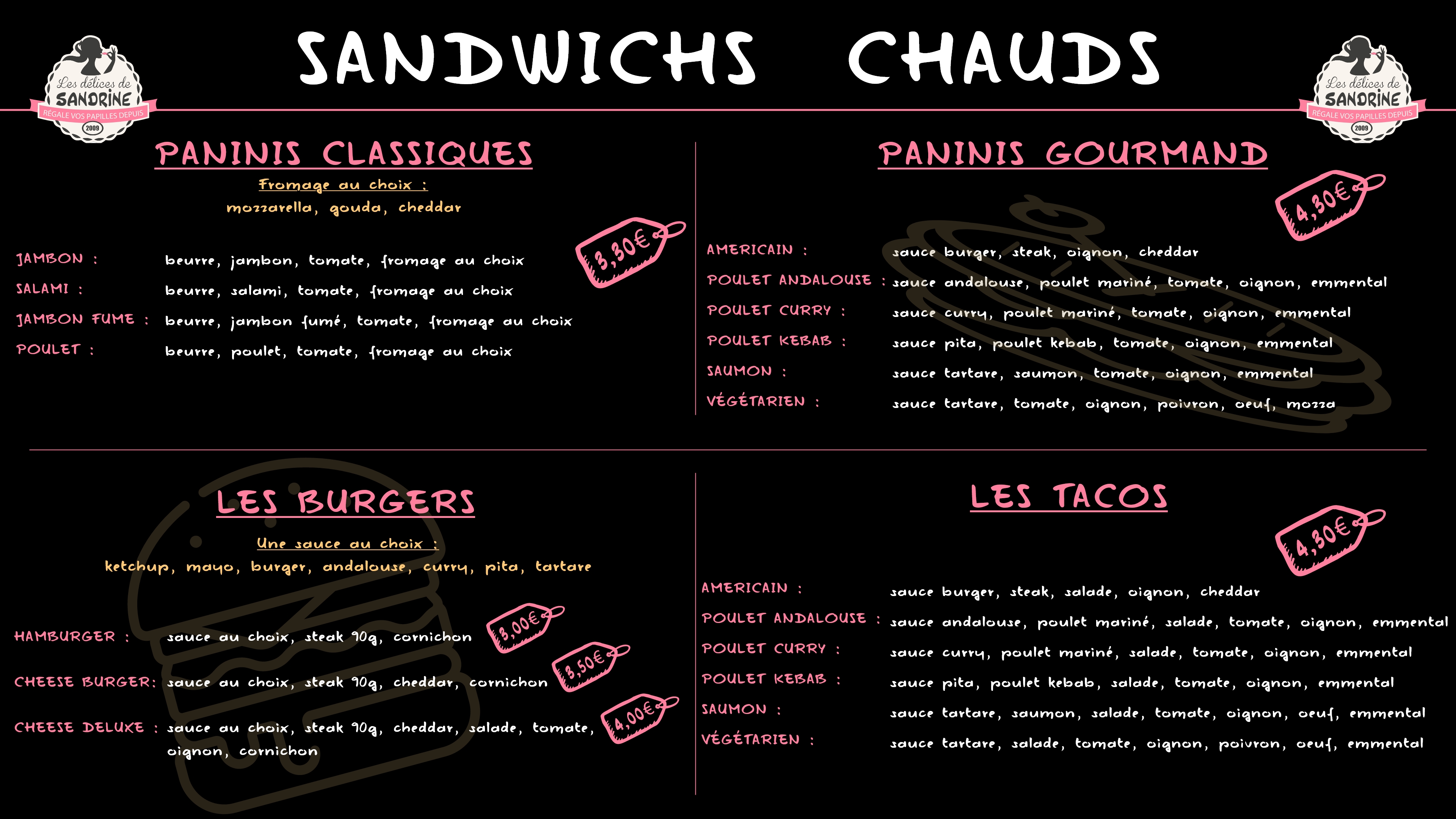 Carte des différents sandwichs chauds proposer